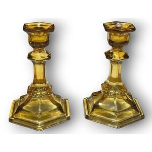 Vintage Amber Flash Glass‎ Candlesticks - Set of 2 Hexagonal 6" Taper Holders